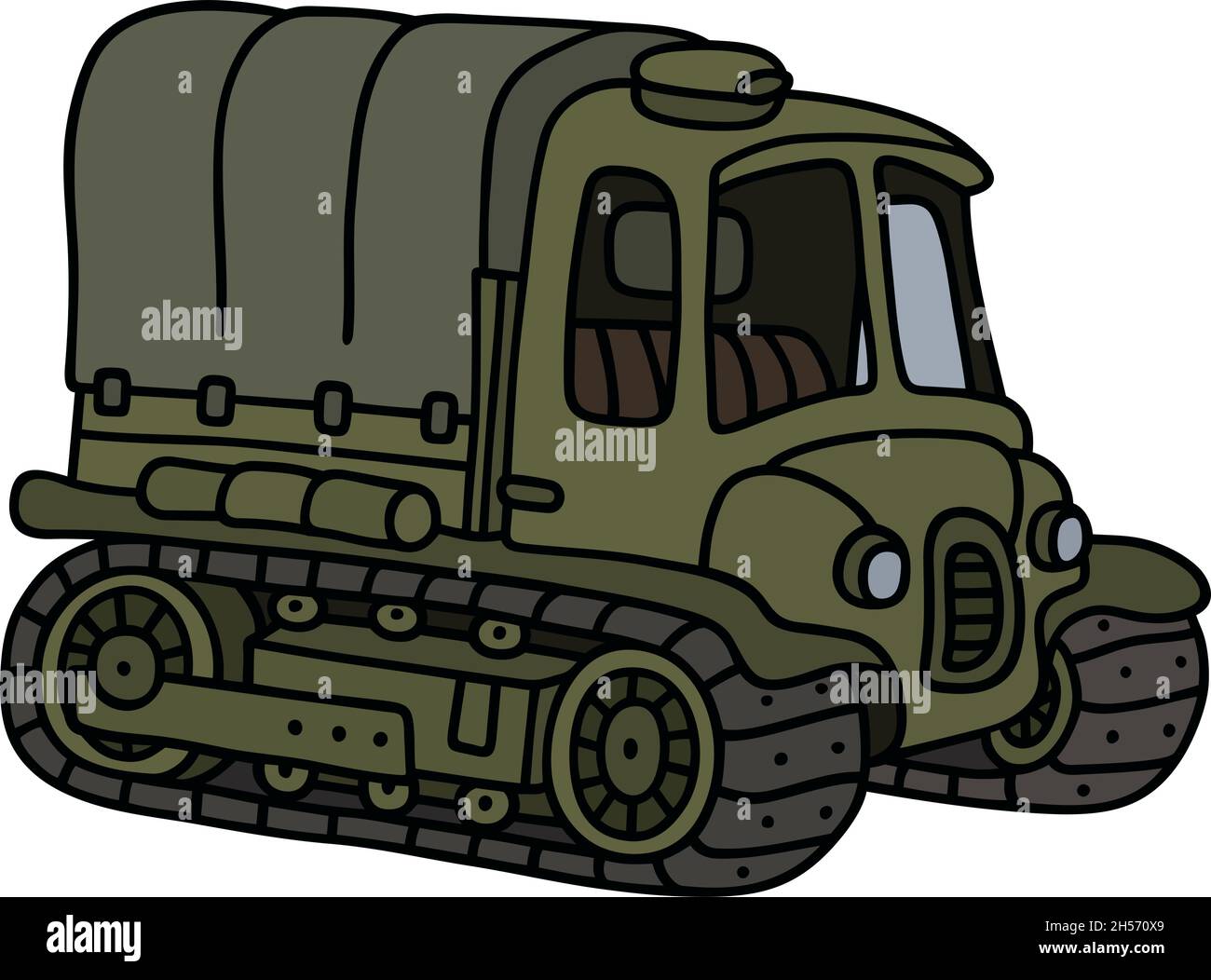 Disegno a mano di un divertente trattore d'artiglieria d'epoca Illustrazione Vettoriale