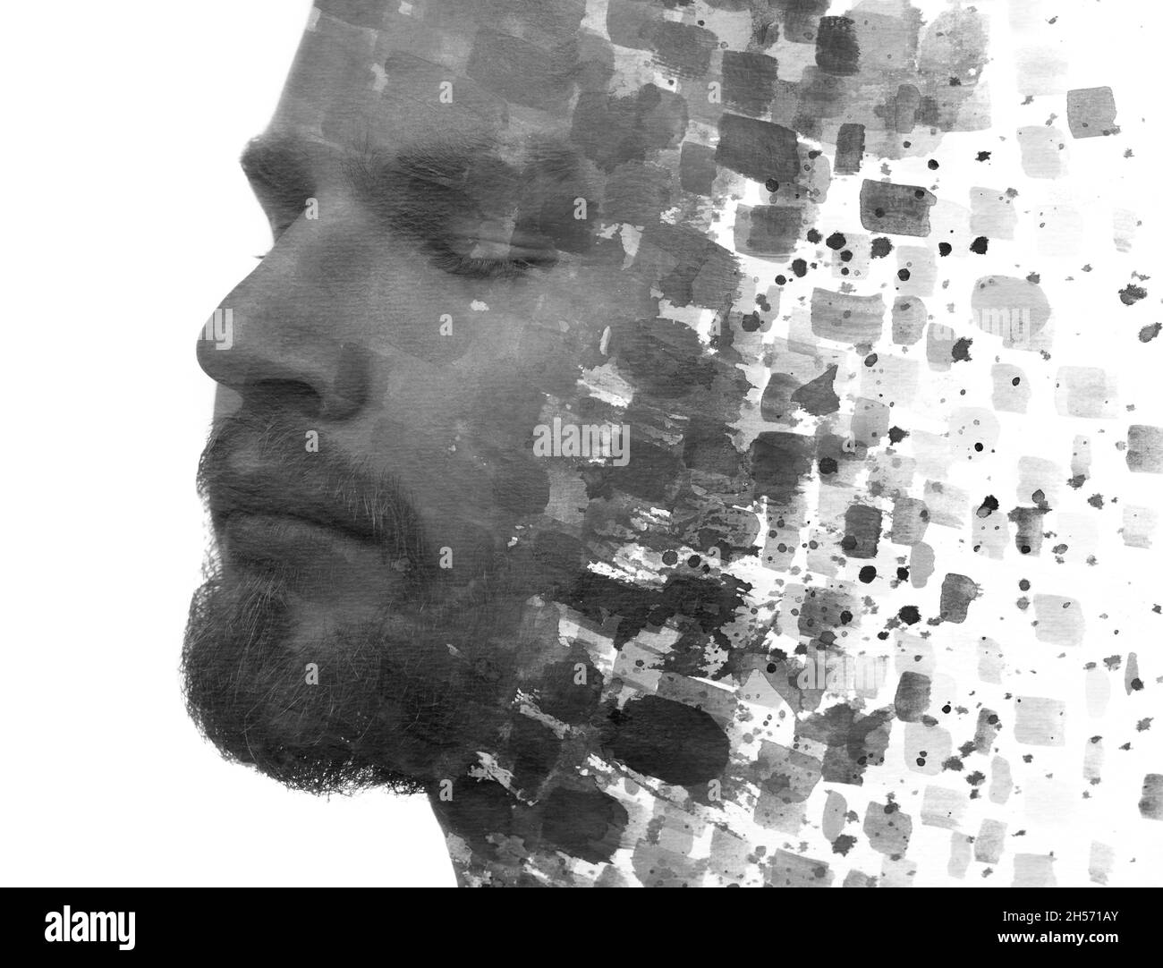 Un ritratto in bianco e nero di un uomo europeo combinato con vari tratti acquerelli in una tecnica di pittura. Foto Stock