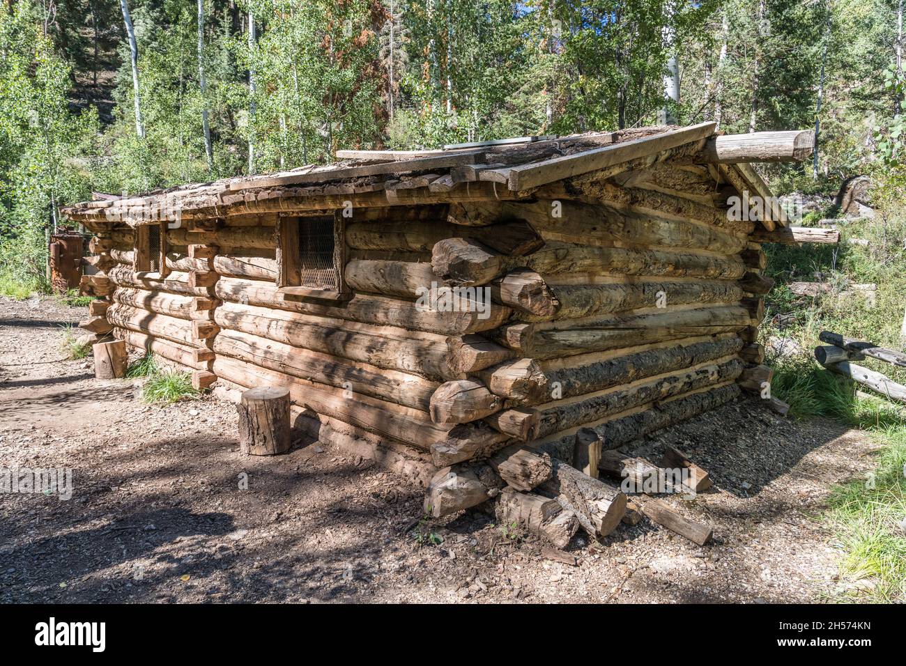 La cabina del minatore Dalton nel Miner's Park a Bullion Cayon nelle Montagne di Tushar vicino a Marysvale, Utah. Foto Stock