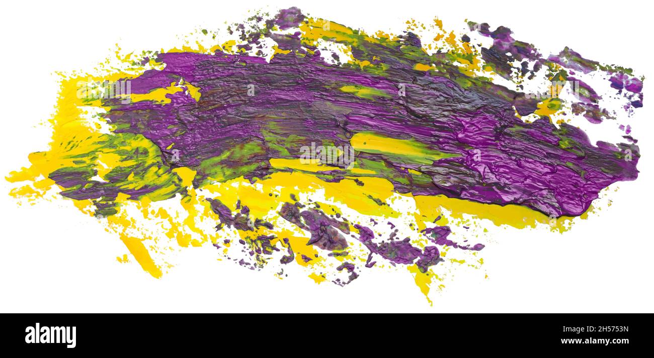 Colpo di pennello con vernice ad olio viola e giallo testurizzato, disegno vettoriale eps 10 isolato su sfondo bianco. Illustrazione Vettoriale