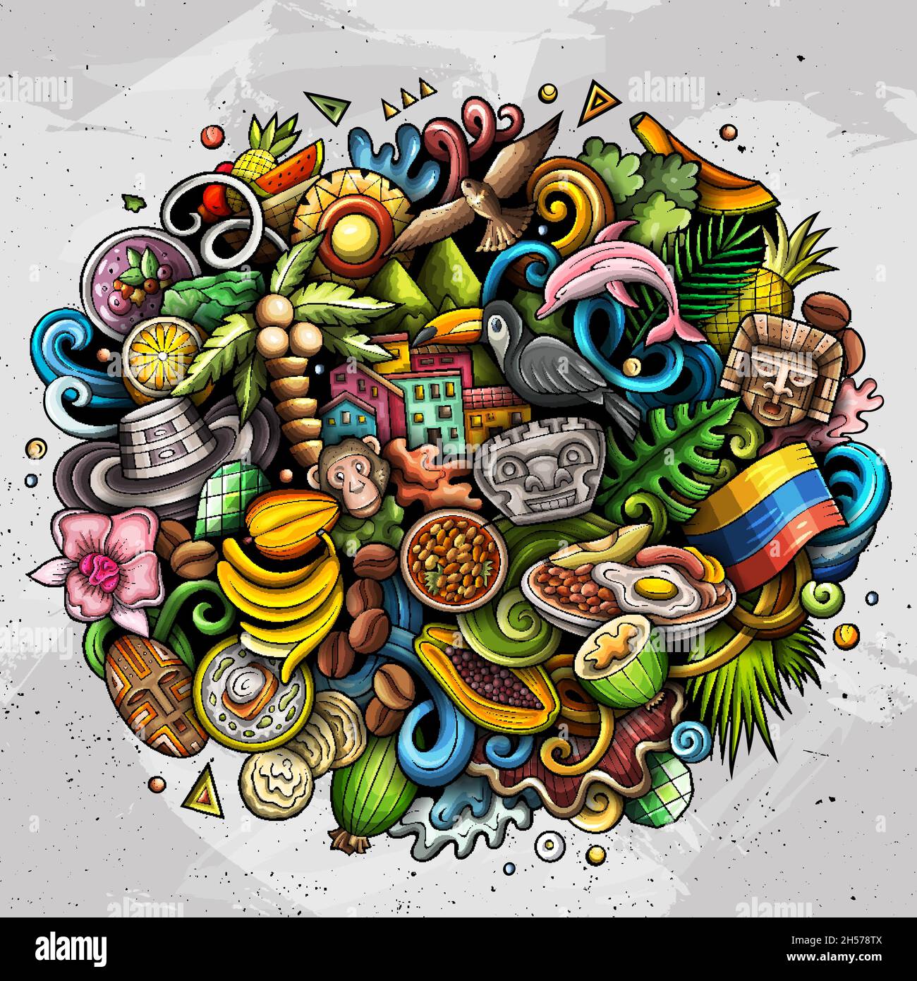 Colombia disegno a mano cartoon doodles illustrazione. Divertente disegno di viaggio colombiano. Sfondo vettoriale creativo. Elementi e oggetti del paese dell'America Latina Illustrazione Vettoriale