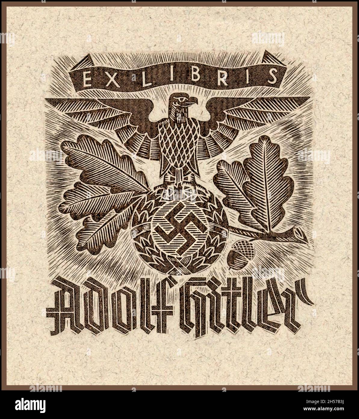 Adolf Hitler Personal Library Book Plate 1933 all'interno del frontespizio aquila e piatto da libro swastika della biblioteca personale di Adolf Hitler. ADOLF HITLER PIASTRA DEL LIBRO TEDESCO CON ADOLF HITLER TEDESCO EAGLE & SWASTIKA EX LIBRIS Foto Stock