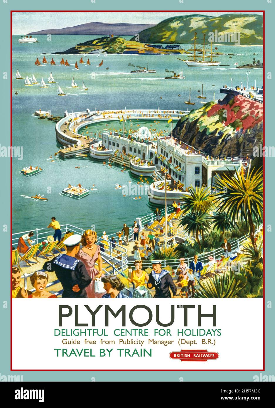 Poster di viaggio delle Ferrovie britanniche Vintage anni '50 per PLYMOUTH [ delizioso centro per le vacanze ] promuovere le Ferrovie britanniche e viaggi in treno Plymouth Gran Bretagna British Railways Foto Stock