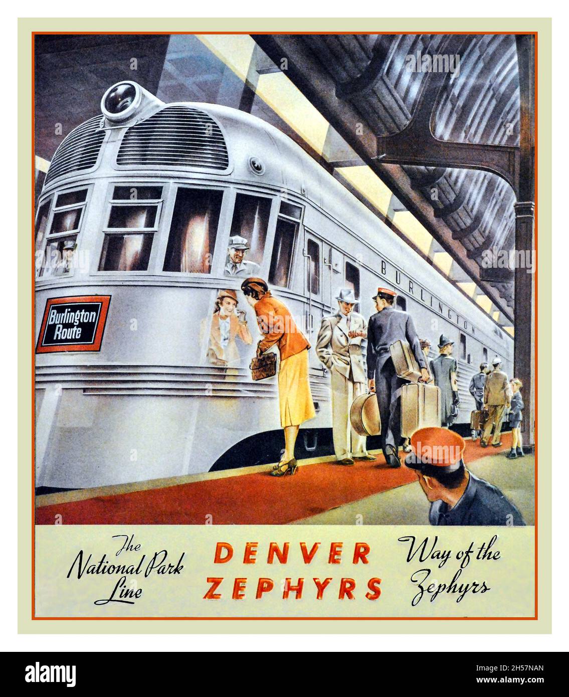 Vintage American Railway Poster 1936 pubblicizza il Denver Zephyr sulla Burlington Route enfatizzando la finitura a specchio della locomotiva in acciaio inossidabile. Foto Stock