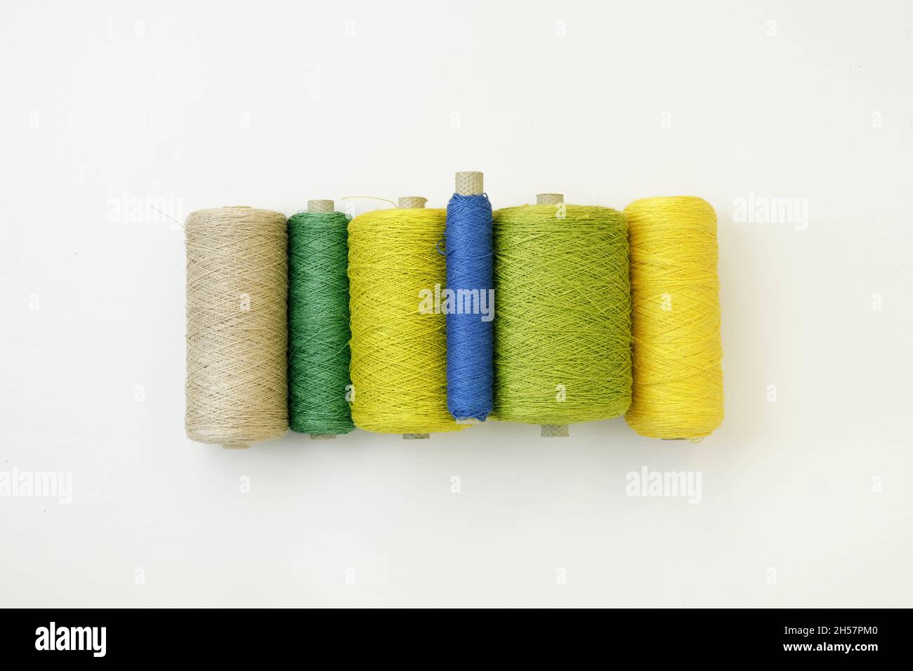 Set di cordino in tonalità di verde, filo retrò su rocchetto su sfondo bianco, piatto. Attrezzatura per il fai-da-te creativo hobby opere a mano come ricamo. Colon Foto Stock