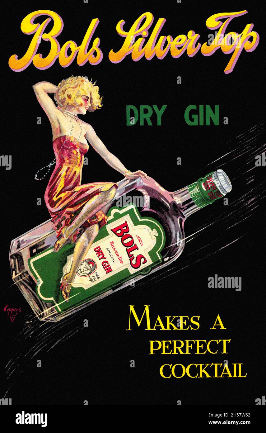 Top Bols Silver. Gin. Secco Per un cocktail perfetto. Poster d'epoca restaurato pubblicato nel 1925 nei Paesi Bassi. Foto Stock