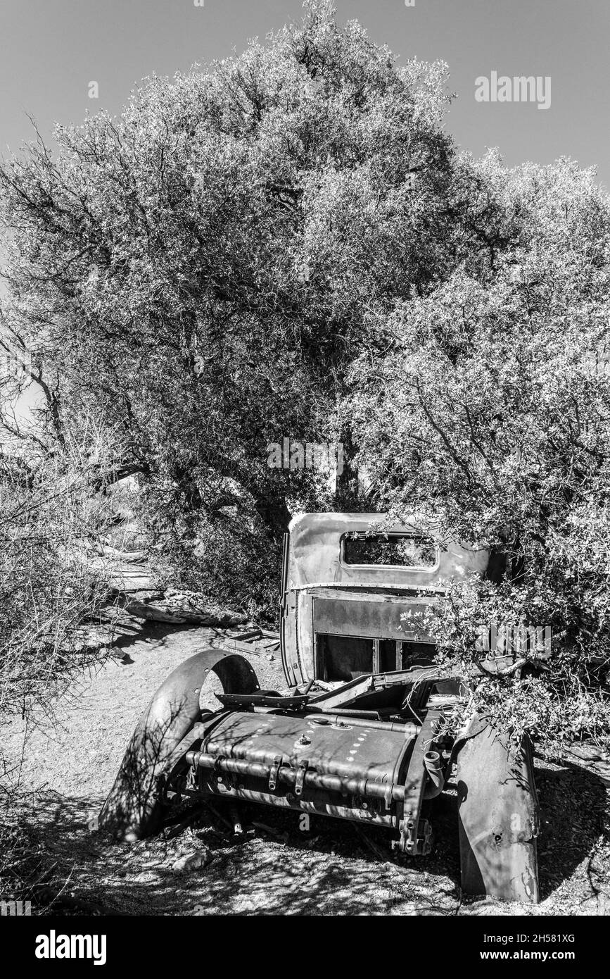 Vecchi relitti di auto d'epoca del tempo di corsa dell'oro nel Joshua Tree National Park, USA Foto Stock