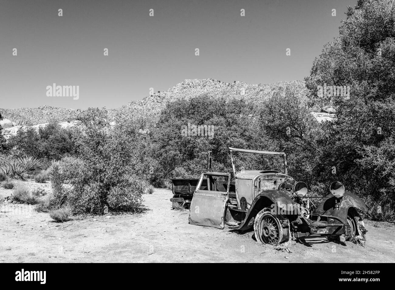 Vecchi relitti di auto d'epoca del tempo di corsa dell'oro nel Joshua Tree National Park, USA Foto Stock