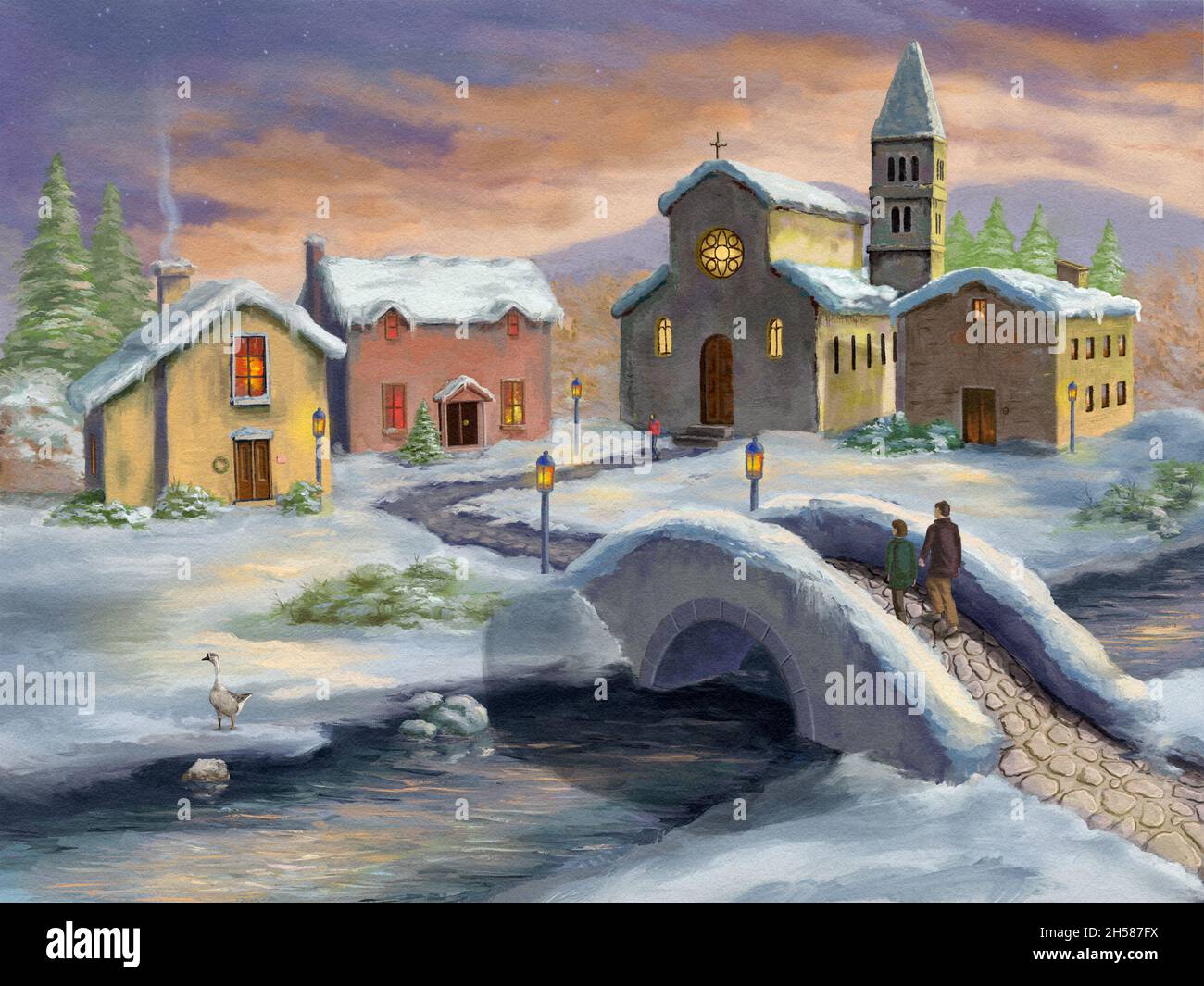 Paesaggio invernale con un piccolo villaggio e un ponte che attraversa un fiume. Pittura digitale. Foto Stock