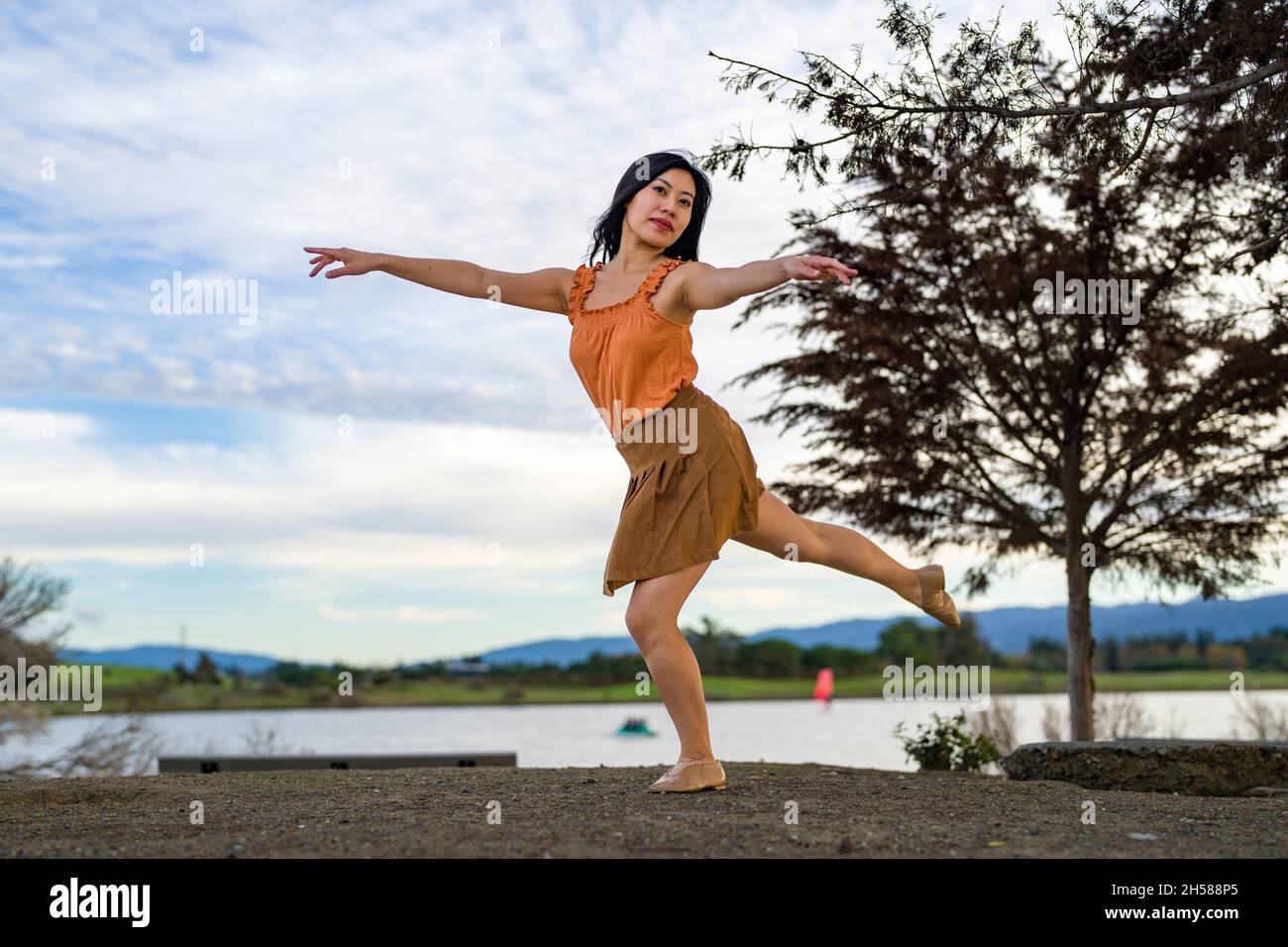 Donna in un vestito che fa il balletto si pone nelle Marshlands Foto Stock
