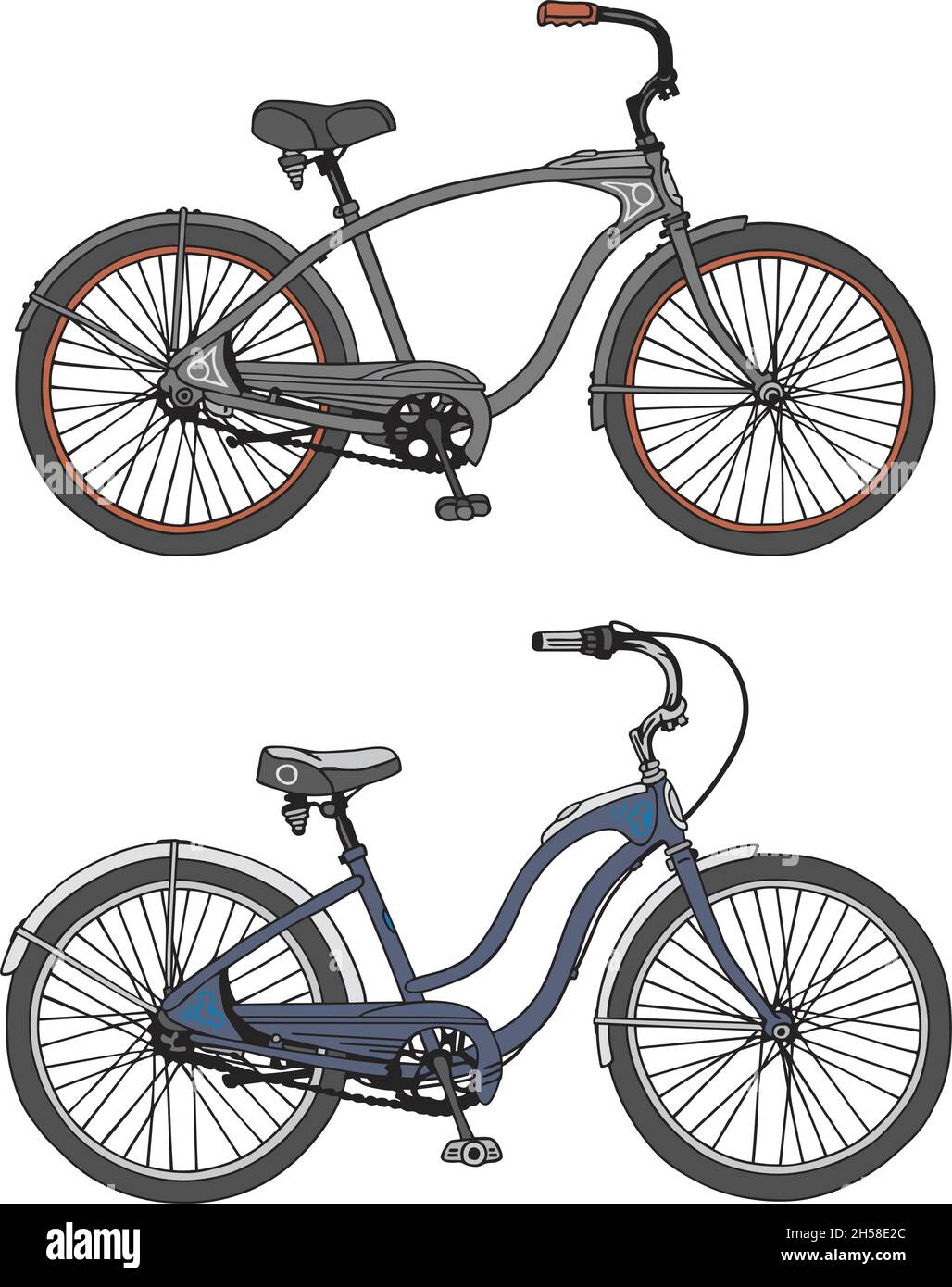 Il disegno a mano vettorizzato di due biciclette retrò Illustrazione Vettoriale