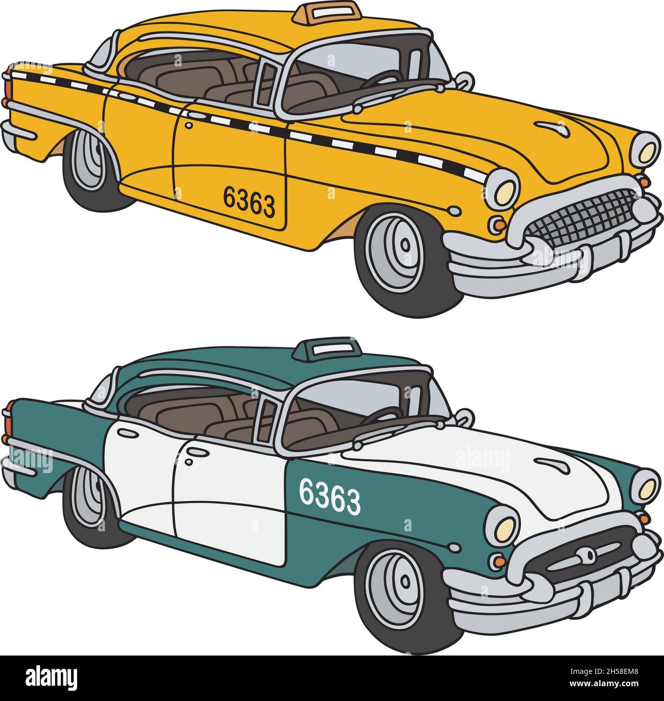 Il disegno a mano vettorizzato di due classiche auto di taxi americane Illustrazione Vettoriale