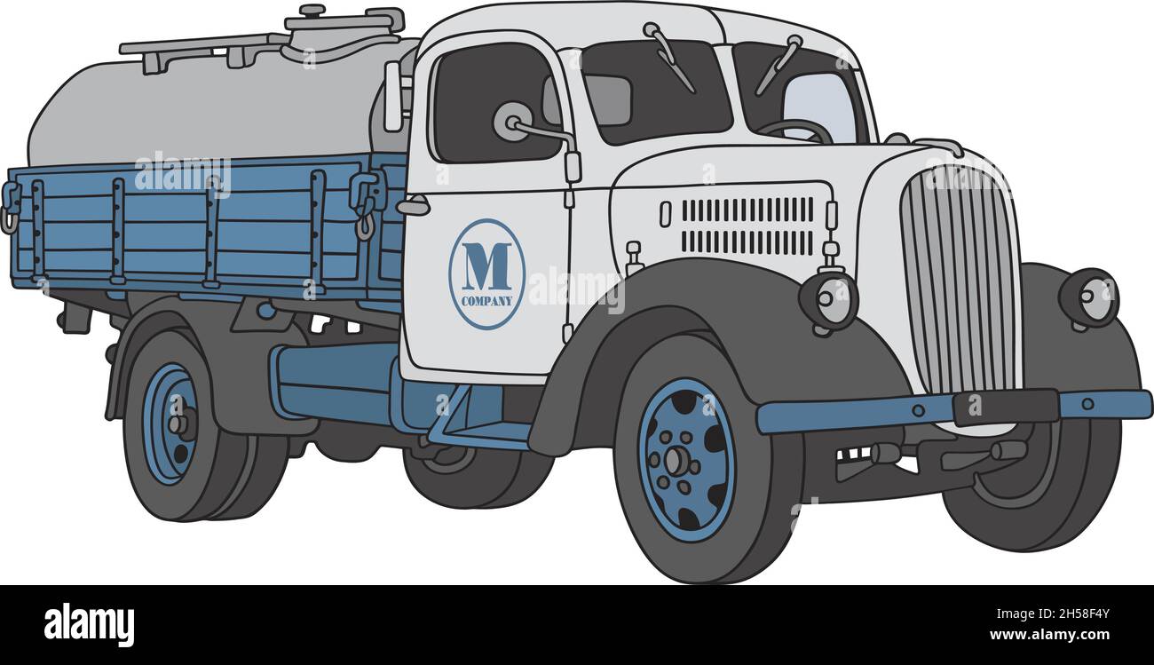 Il disegno a mano vettorizzato di un vecchio camioncino da serbatoio per latticini Illustrazione Vettoriale