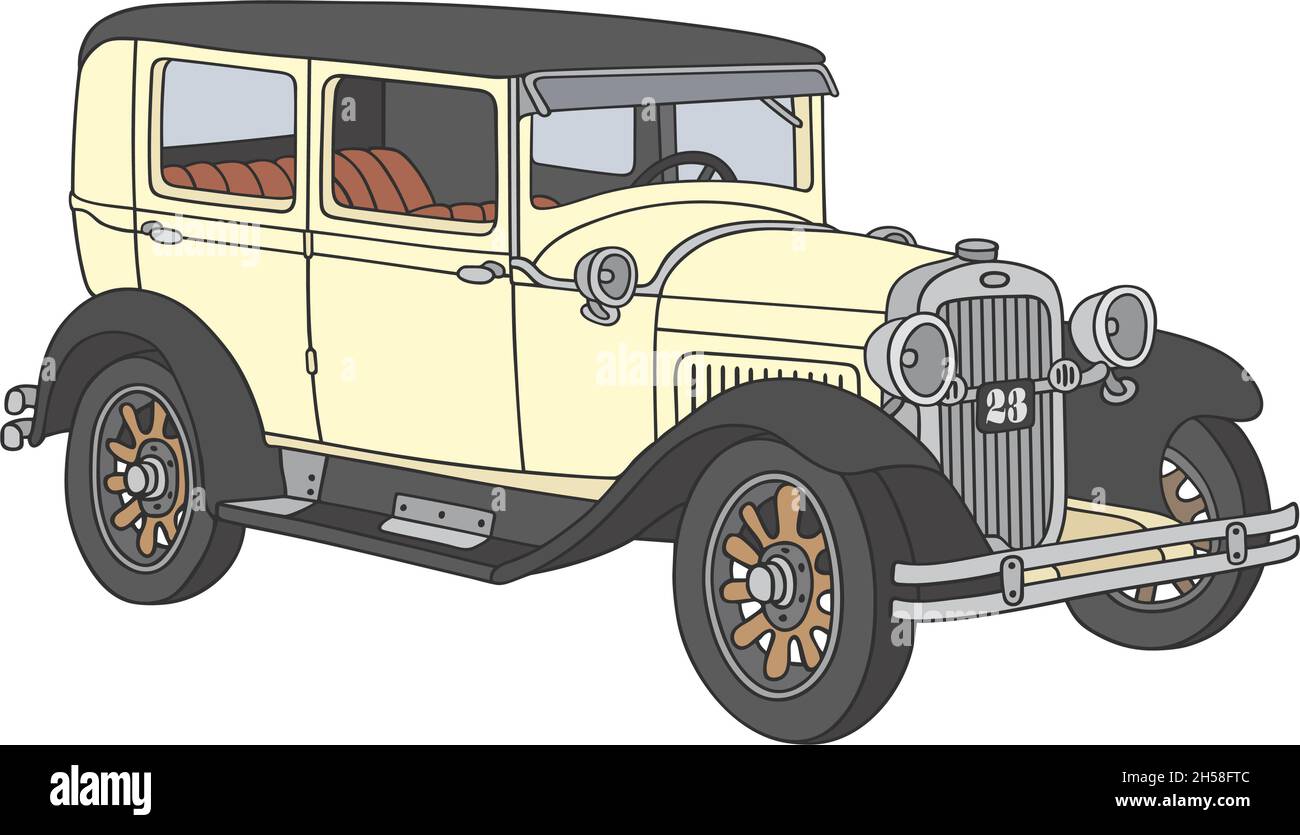 Il disegno a mano vettorizzato di una limousine bianca d'epoca Illustrazione Vettoriale