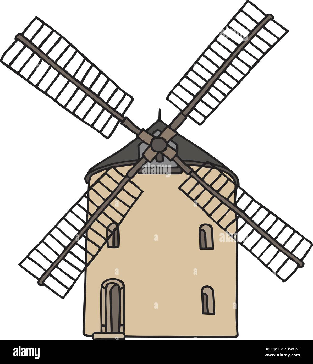 Il disegno a mano vettorizzato di un vecchio mulino a vento in pietra Illustrazione Vettoriale