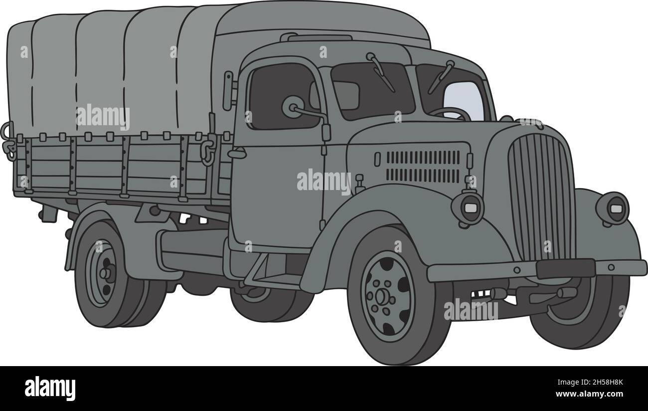 Il disegno a mano vettorizzato di un vecchio camion militare Illustrazione Vettoriale