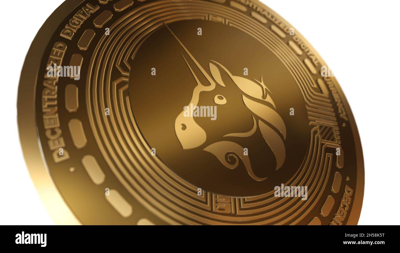 Golden Cryptocurrency of Uniswap UNI Sign isolato su sfondo bianco Foto Stock