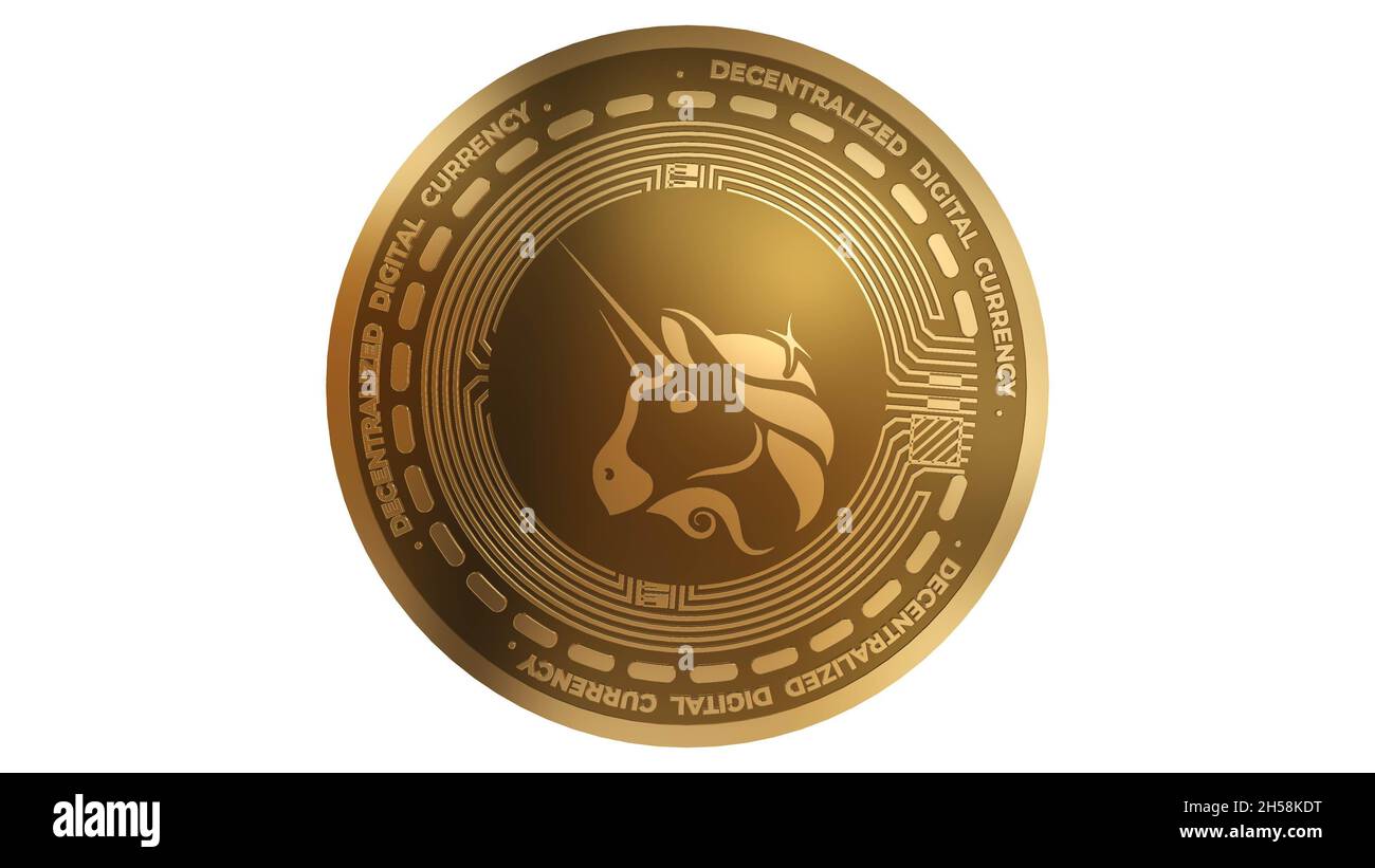 3D Render of Gold Uniswap UNI Cryptocurrency Sign isolato su sfondo bianco Foto Stock