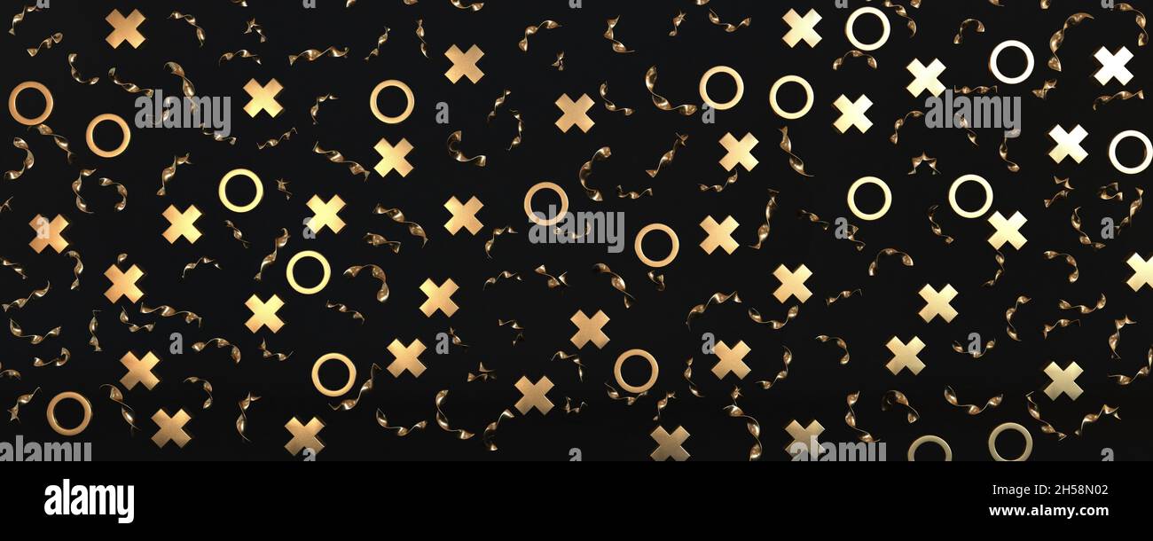 Illustrazione di rendering 3D Golden Conetti isolata su sfondo nero Foto Stock