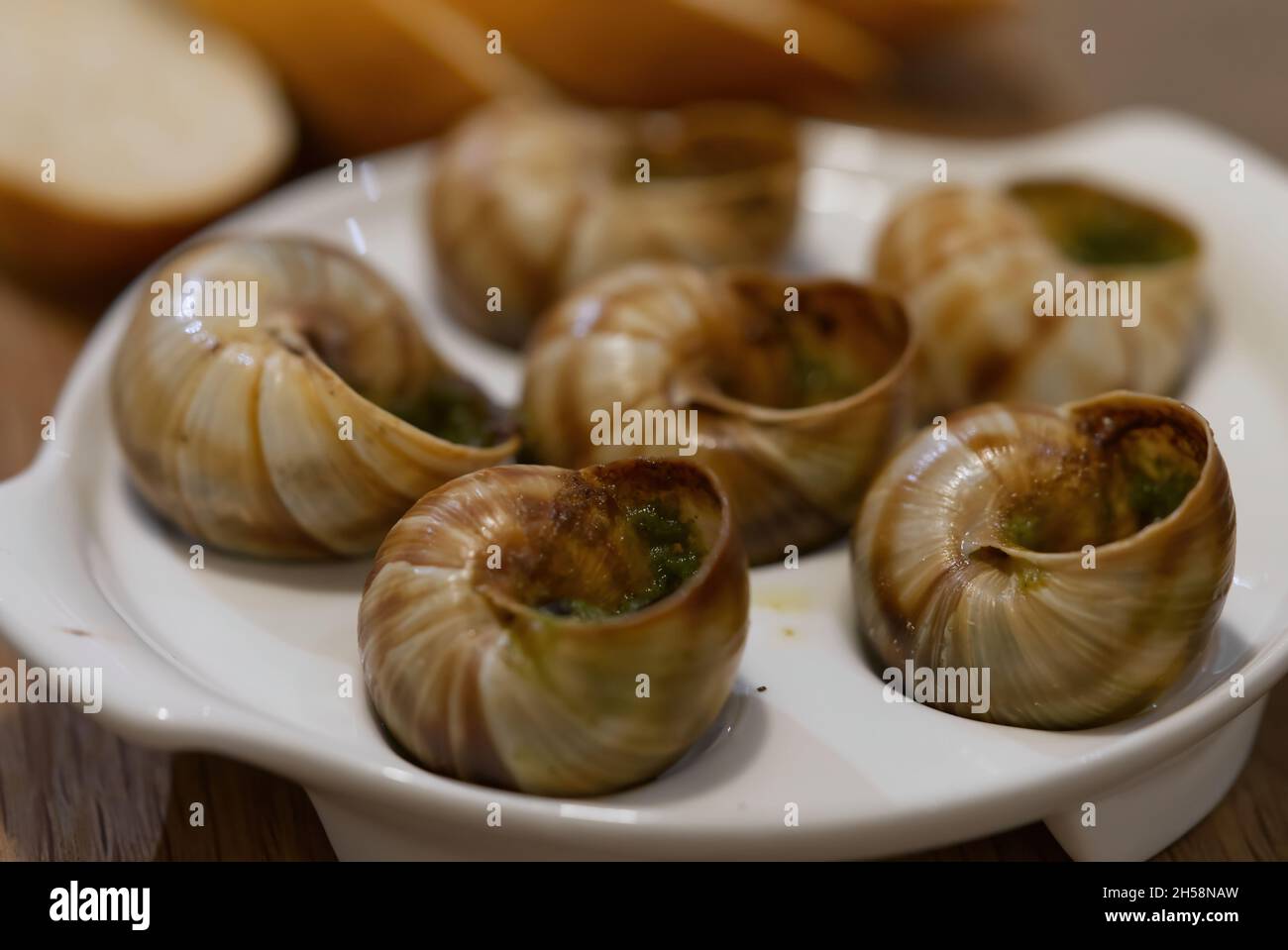 Helix Aspersa Muller piatto di lumaca in un ristorante. Lumache commestibili con burro e condimenti. Foto Stock