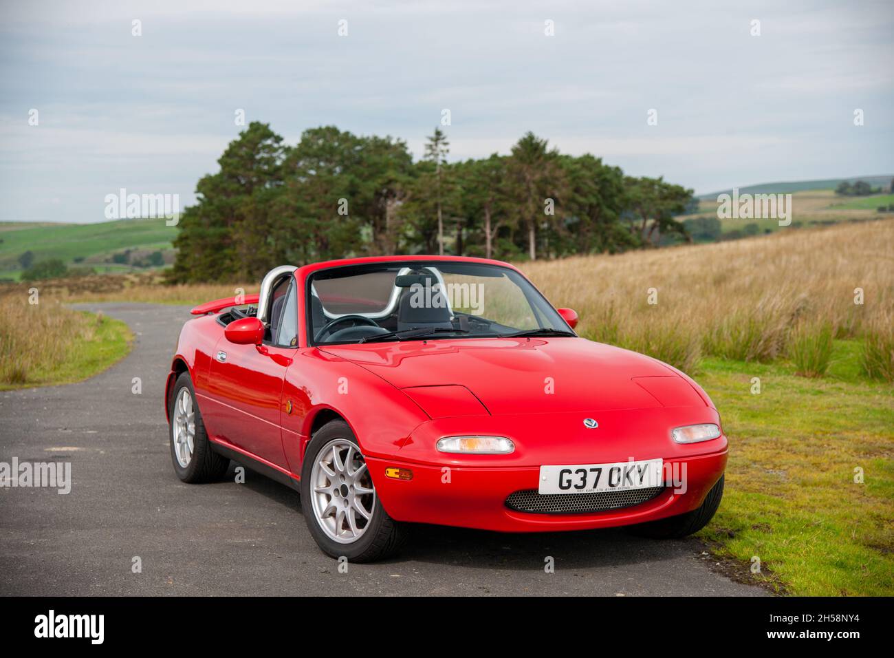 Mazda Eunos MX5 parcheggiato su una corsia di campagna con campi, brughiera e uno stand di alberi dietro Foto Stock