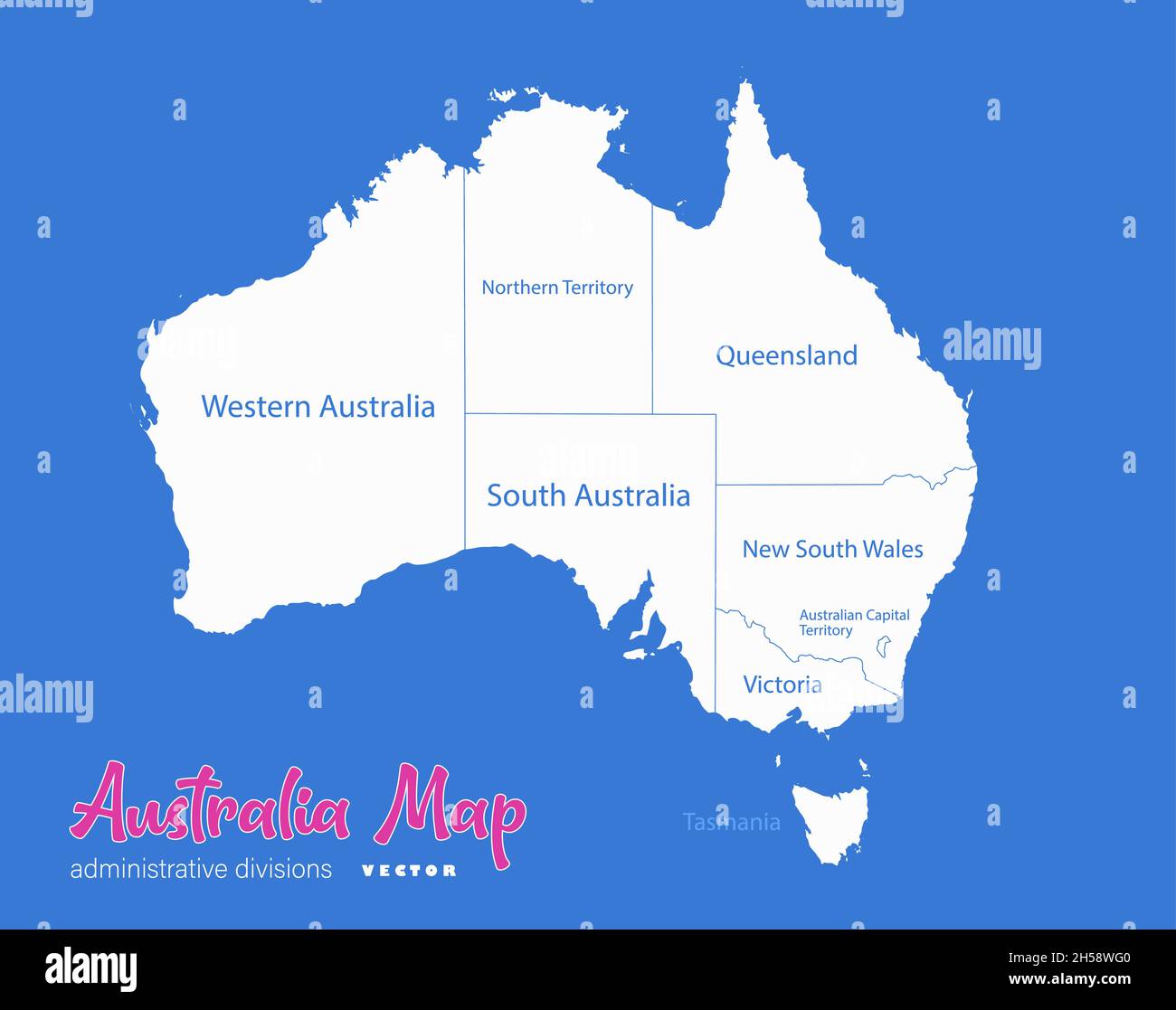 Australia mappa, divisioni amministrative con nomi di regioni, sfondo blu vettore Illustrazione Vettoriale