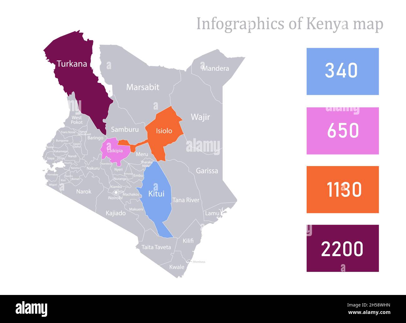 Infografica della mappa del Kenya, vettore delle singole regioni Illustrazione Vettoriale