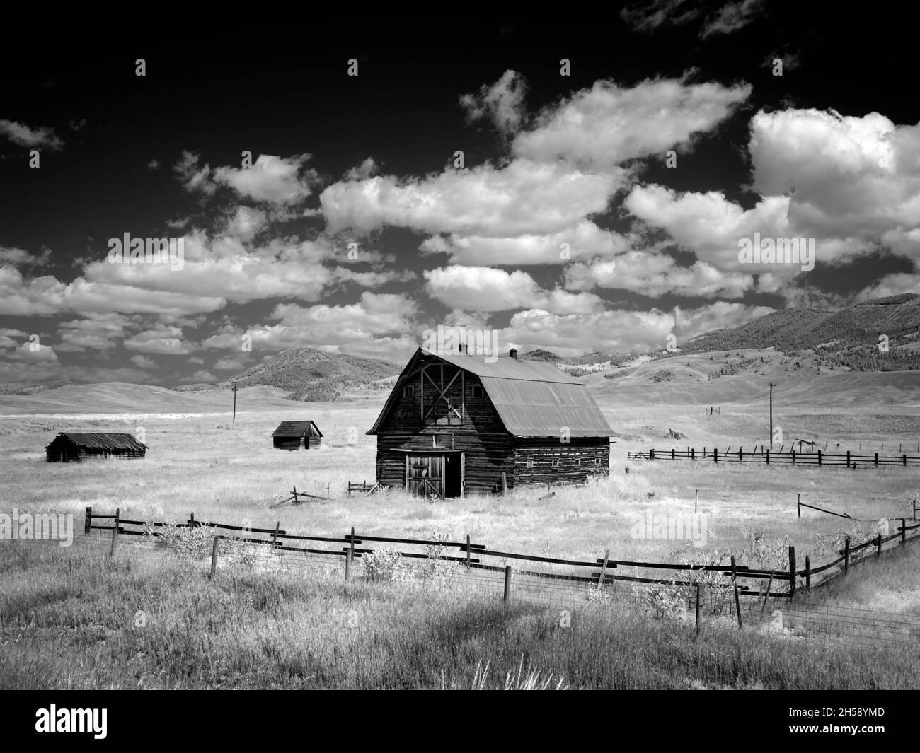 Vista a infrarossi del granaio nel Montana rurale, USA. Immagine originale della collezione Carol M. Highsmith’s America, Library of Congress. Potenziata digitalmente da r Foto Stock