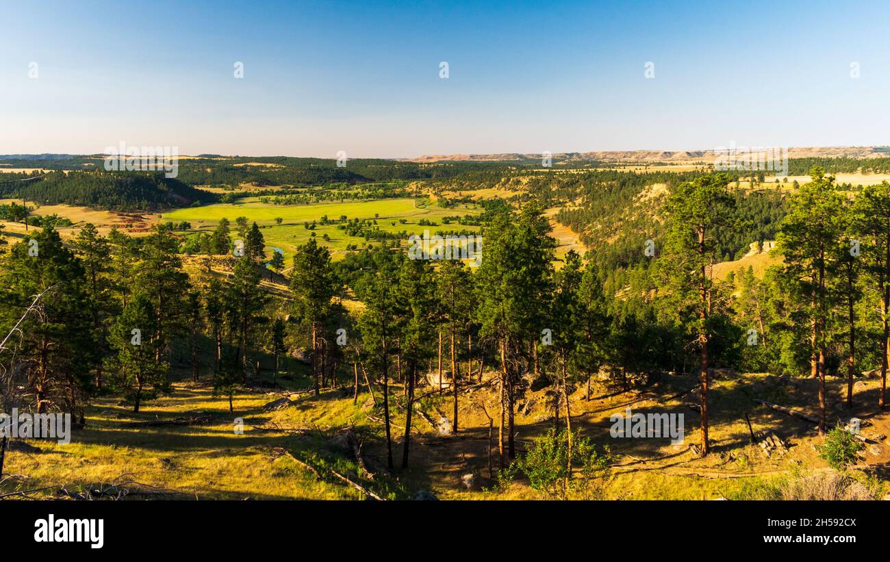 Mattina con vista sulla valle al Devils Tower National Monument, Wyoming Foto Stock