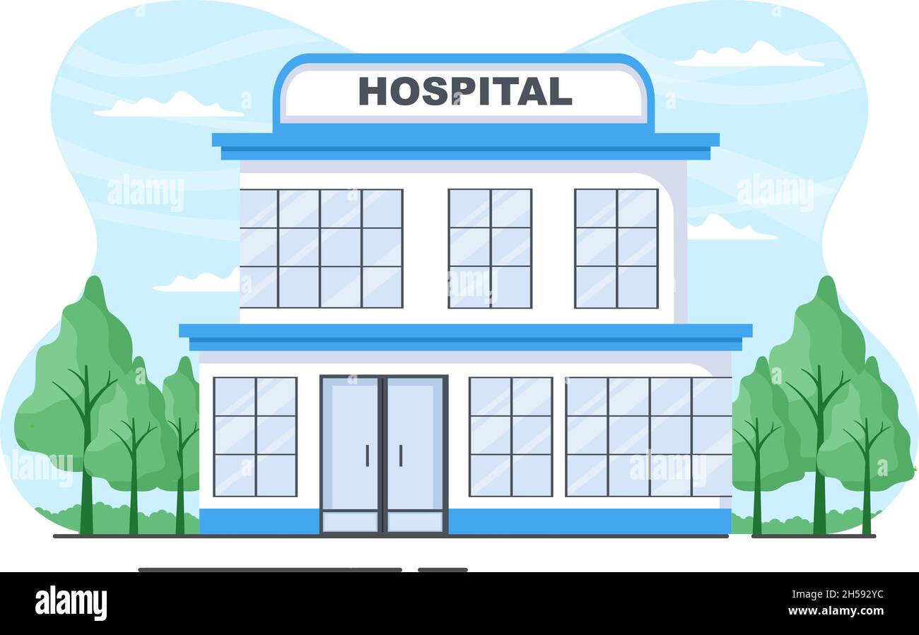 Hospital Building for Healthcare background Vector Illustration with, ambulance Car, Doctor, Patient, Nurses and Medical Clinic Exterior Illustrazione Vettoriale