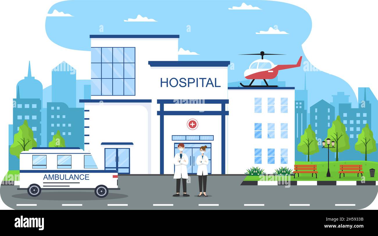 Hospital Building for Healthcare Cartoon background Vector Illustration with, ambulance Car, Doctor, Patient, Nurses and Medical Clinic Exterior Illustrazione Vettoriale