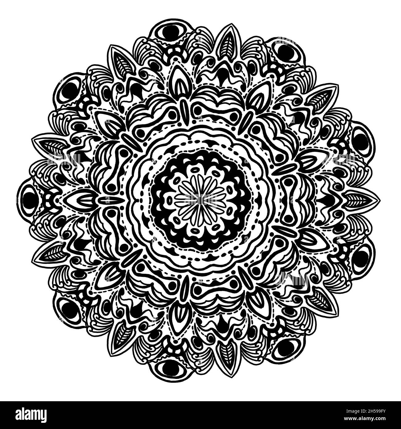 Design tatuaggio con arti Mandala in astratta forma rotonda con occhi umani intorno, linea di inchiostro nero disegnata a mano, isolato inchiostro nero su sfondo bianco. Foto Stock