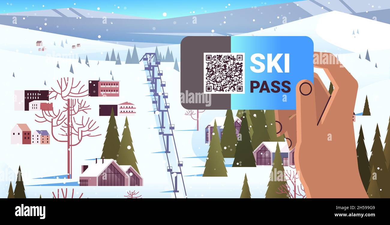 mano umana utilizzando l'applicazione ski pass sullo schermo dello smartphone vacanza invernale concetto nevoso montagne paesaggio Illustrazione Vettoriale