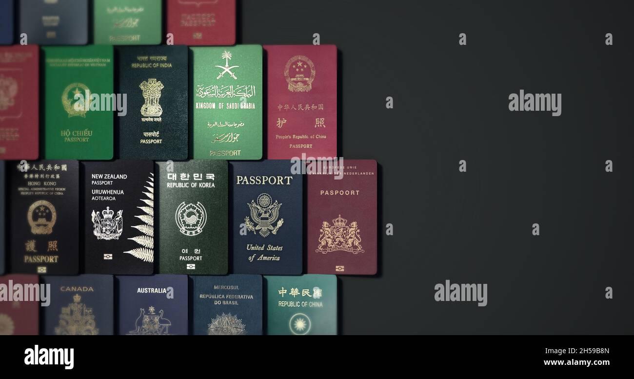 Passaporto da paesi diversi con sfondi scuri rendering 3d. Foto Stock