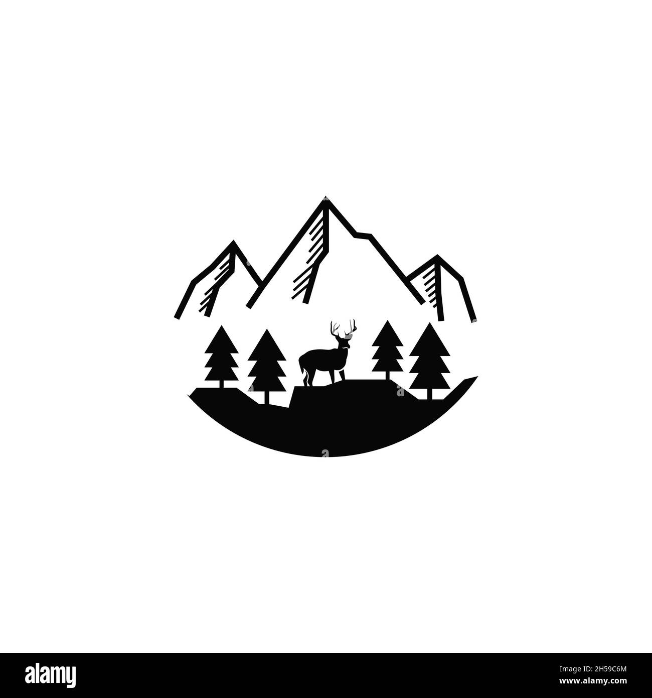 profilo di montagna logo con un leggero accento foresta con il suo cervo. Illustrazione Vettoriale