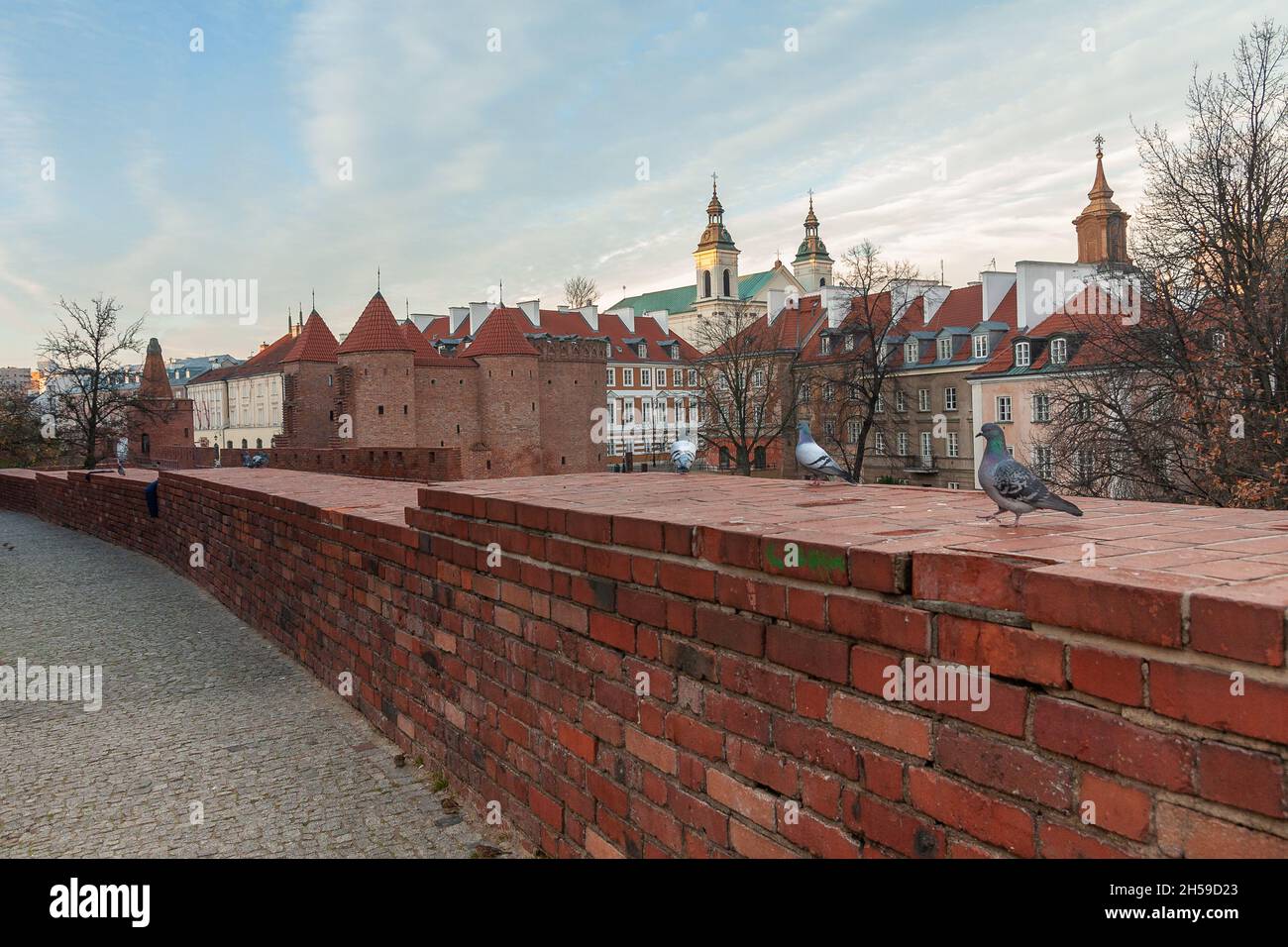 Città vecchia di Varsavia, Polonia. Barbican che circonda la città vecchia. Piccioni sul muro. Mattina in città. La capitale della Polonia. Viaggia in tutta Europa. Foto Stock