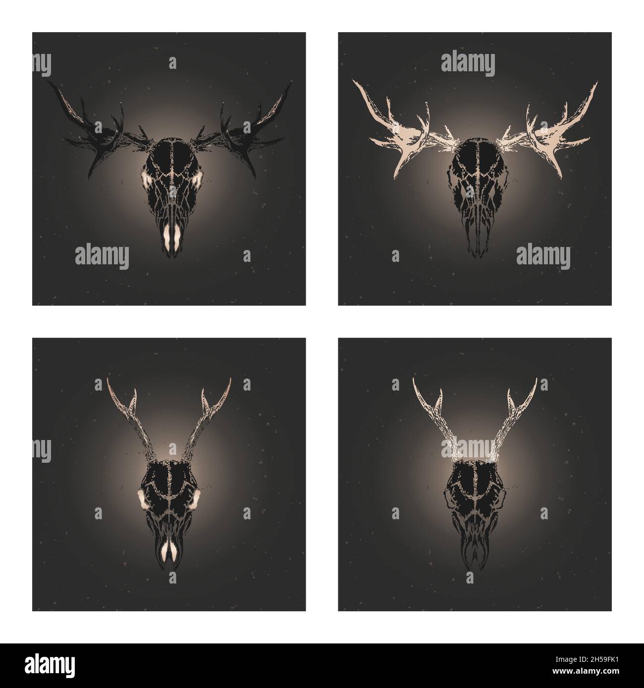 Set vettoriale di quattro illustrazioni con sagome nere disegnate a mano scafi capriolo e alce con elementi in oro su sfondo scuro. Per voi progettazione, pr Illustrazione Vettoriale