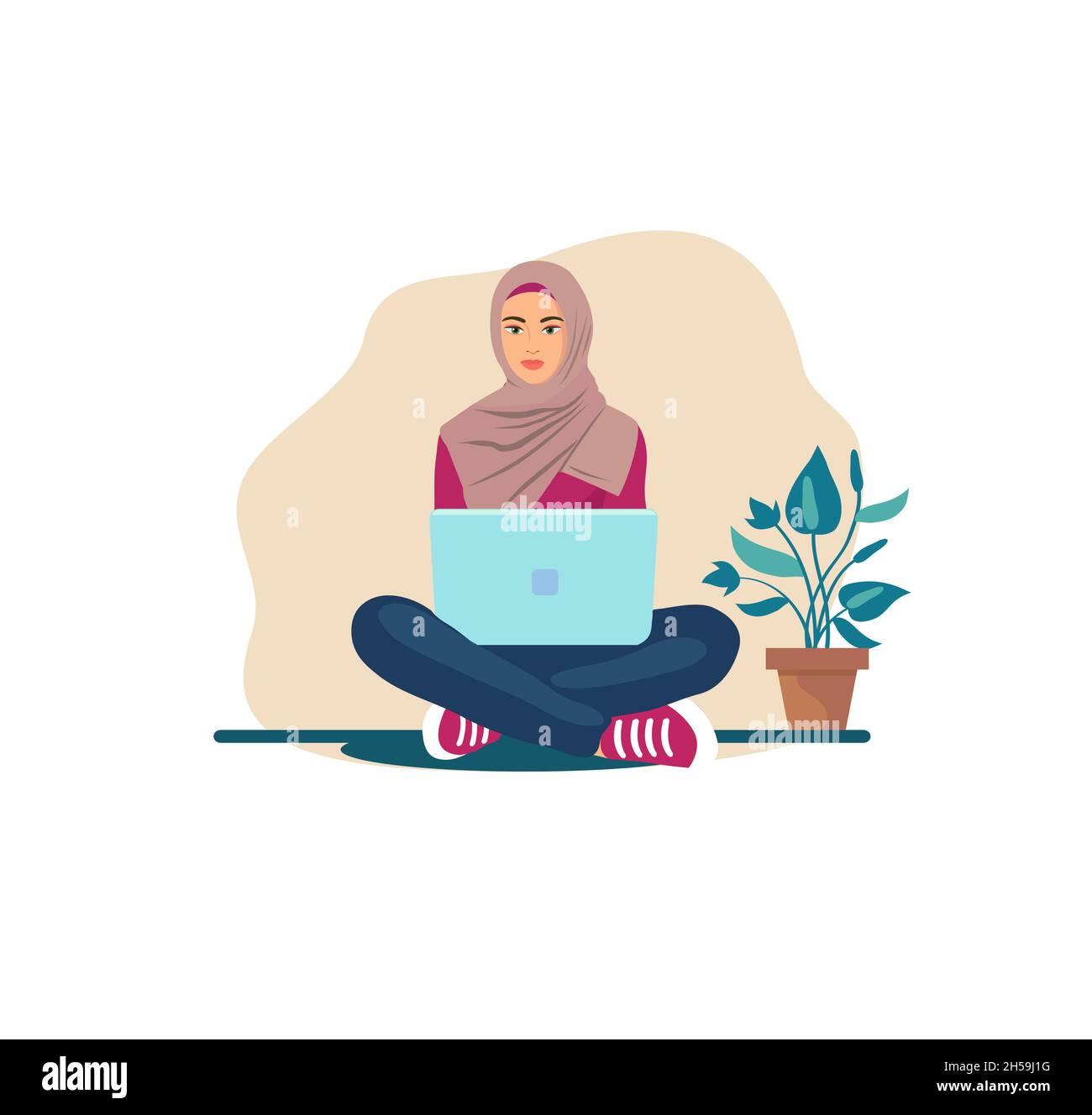 donna hijab seduta sul pavimento sul tappeto con un computer portatile. Donna musulmana che indossa hijab seduta su tappeto funziona con laptop moderno cartone animato piatto desig Illustrazione Vettoriale