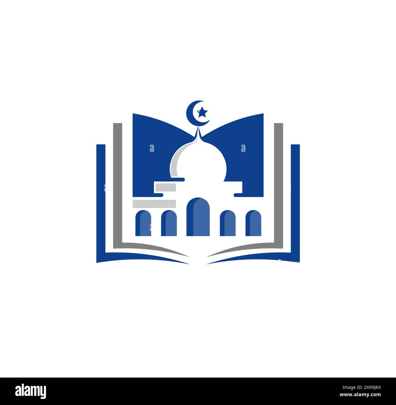 Libro con illustrazione vettoriale del disegno del logo della moschea, modello creativo del concetto del disegno del logo islamico, icone dei simboli Illustrazione Vettoriale