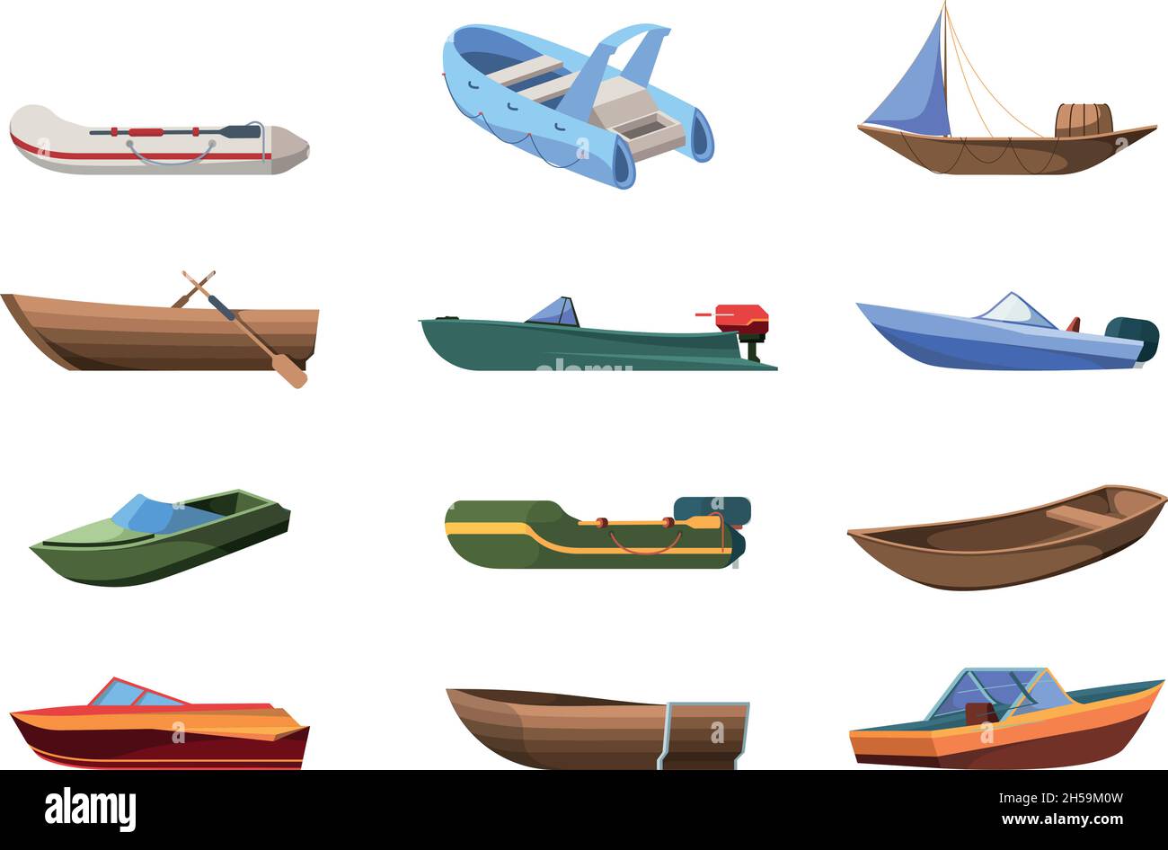 Barche in legno. Barche di trasporto marittimo o oceanico piccole navi garish vettore cartoon veicoli acquatici Illustrazione Vettoriale