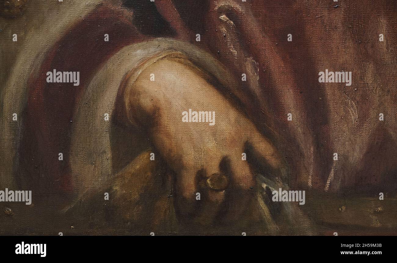 Un dettaglio della mano nella pittura ad olio del Doge Andrea Gritti dell'artista italiano Tiziano. Alla National Gallery of Art di Washington DC. Foto Stock