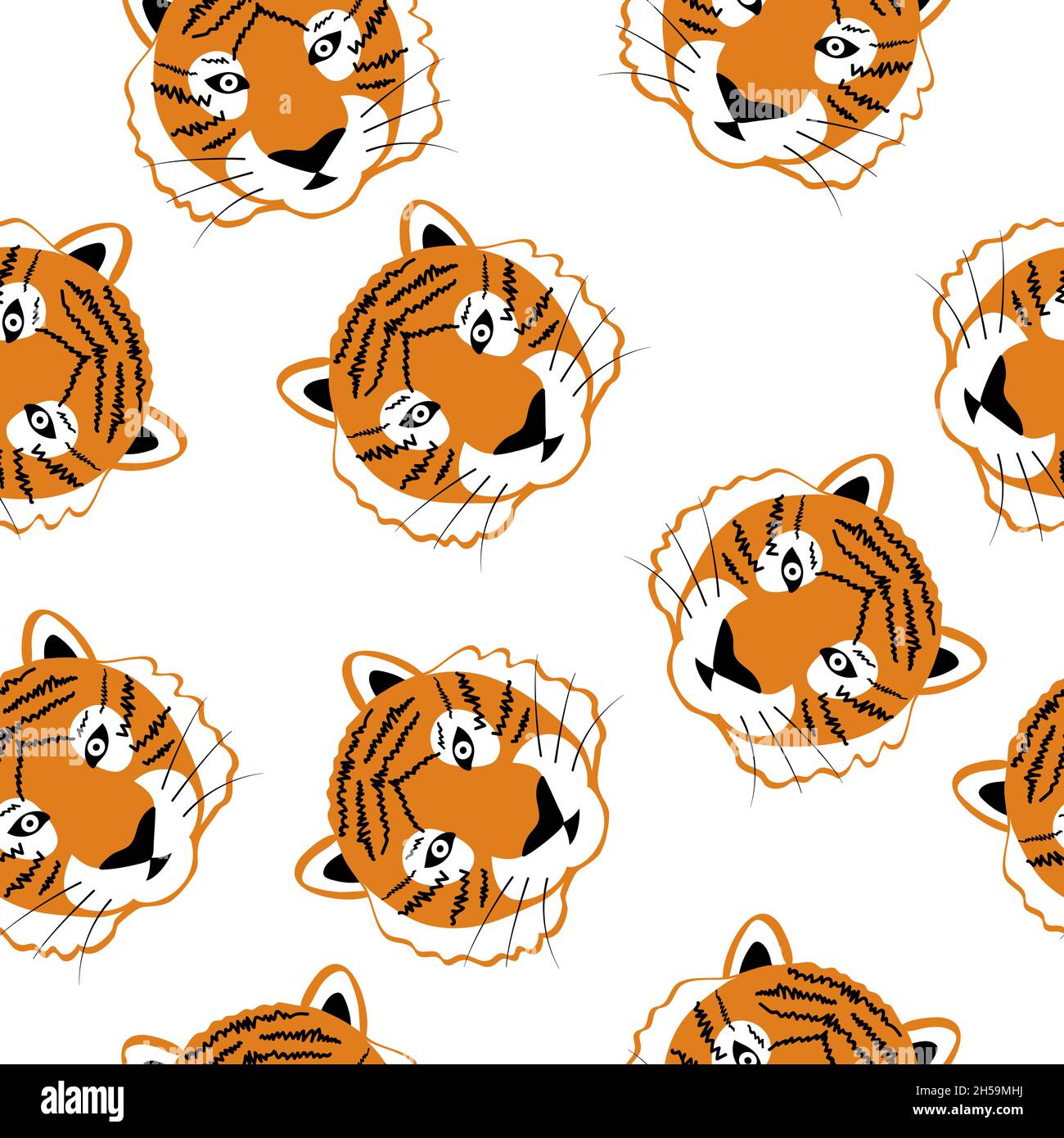 Modello senza cuciture Tiger. Tigers teste isolate su sfondo bianco. Sfondo animale per tessuto o carta da parati. Illustrazione di un cartoon vettoriale Illustrazione Vettoriale