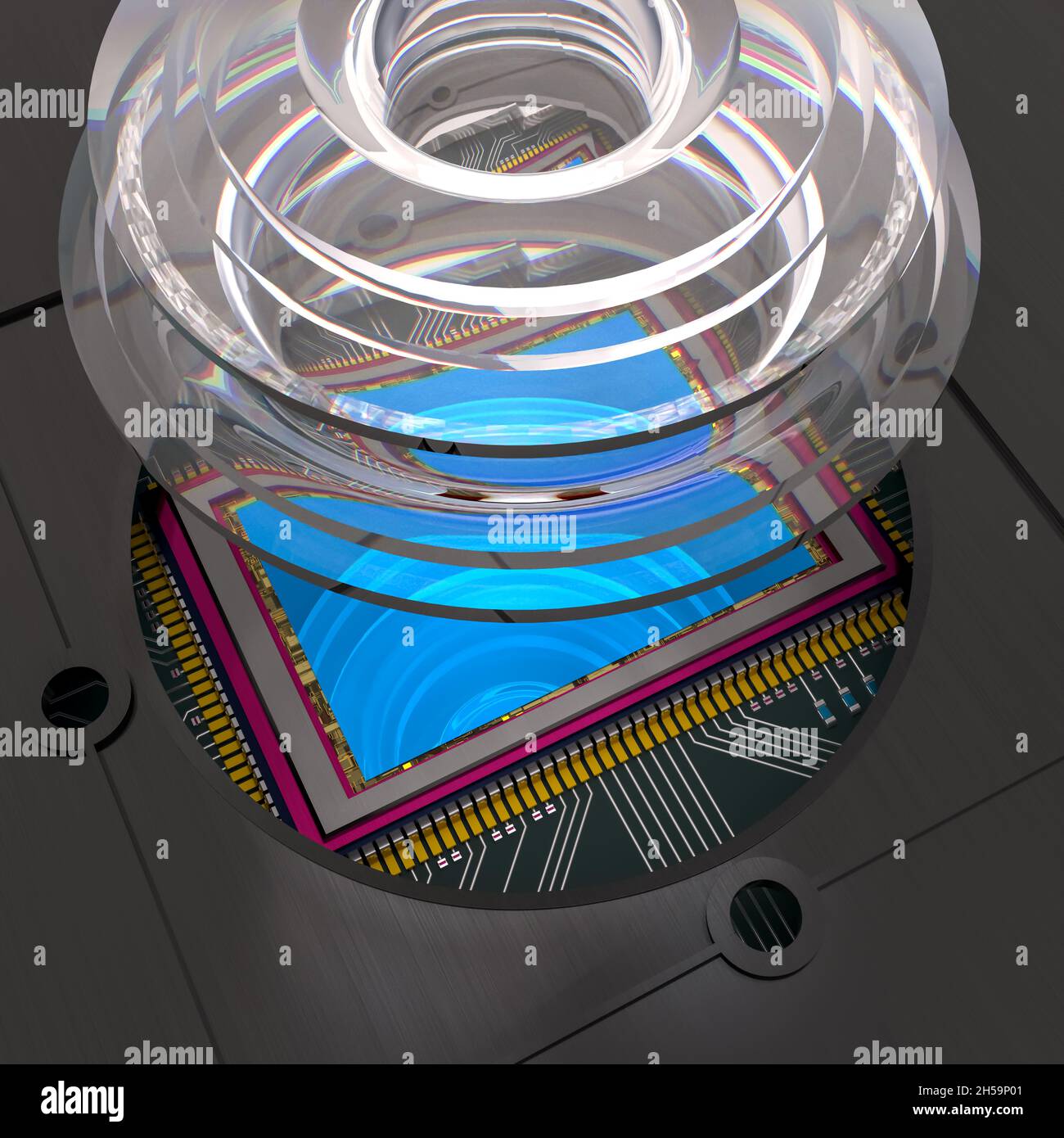 Sensore per fotocamera digitale su scheda a circuito stampato con elementi ottici, primo piano di ritaglio, rendering 3D Foto Stock