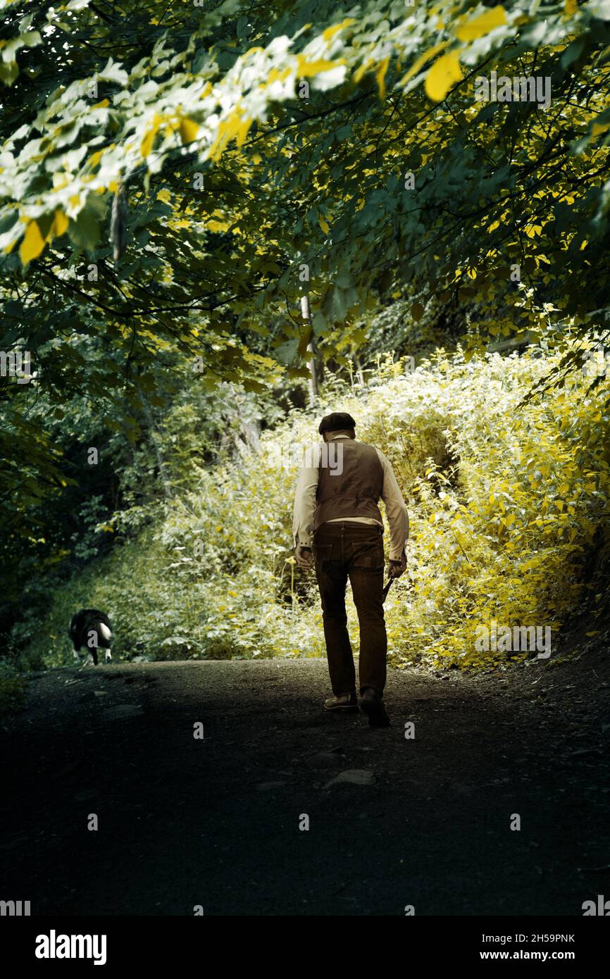 Uomo in gilet e jeans Walking in Woods con cane Foto Stock