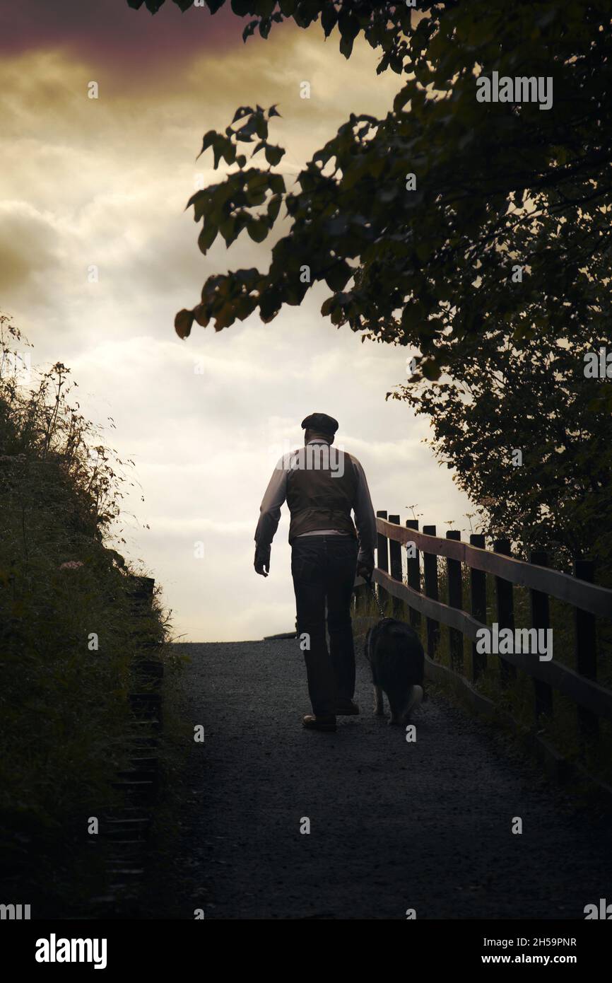 Uomo in gilet e jeans Walking in Woods con cane Foto Stock