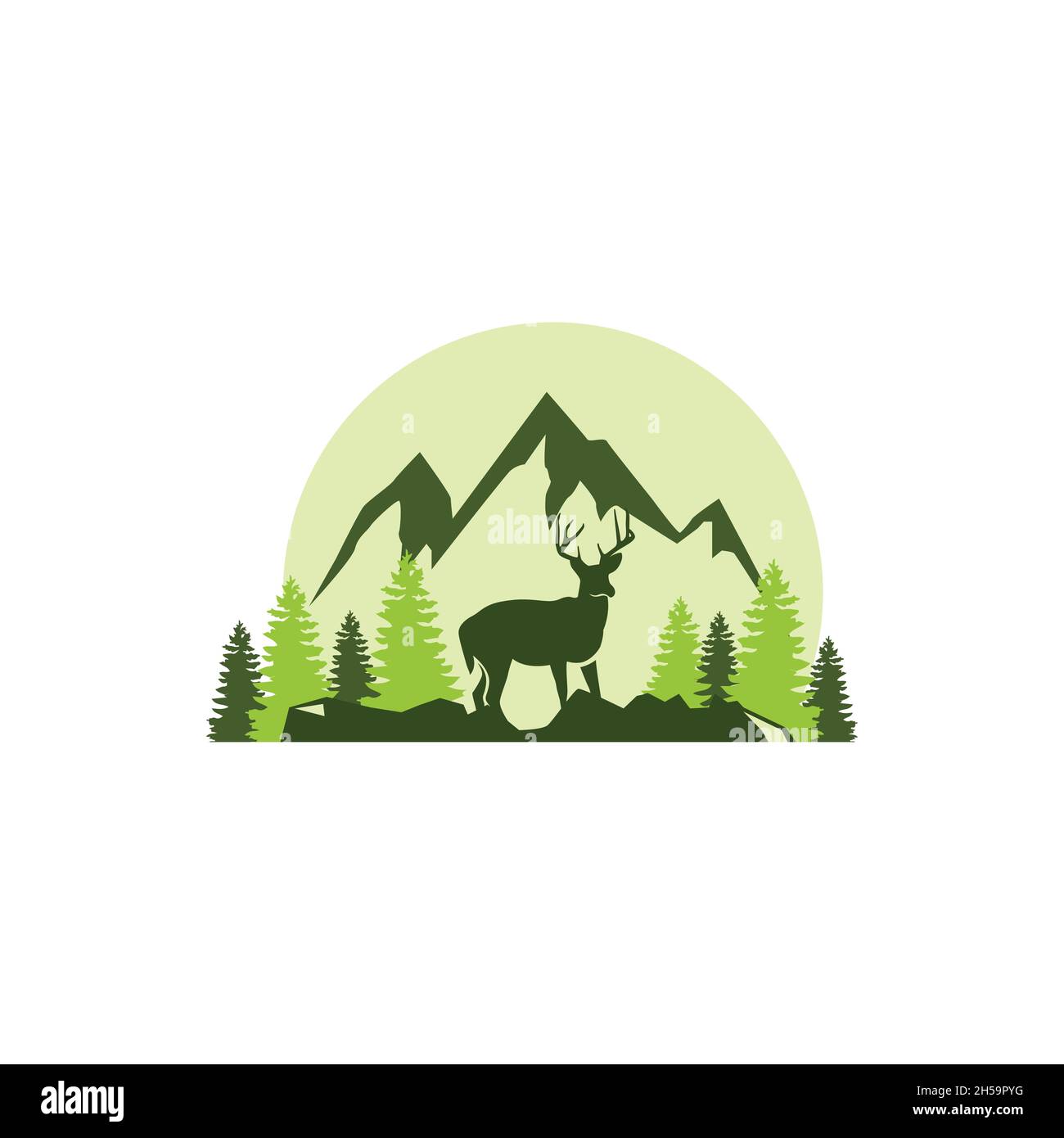 logo moderno, vintage, elegante, giocoso, con il concetto di foresta in montagna. Illustrazione Vettoriale
