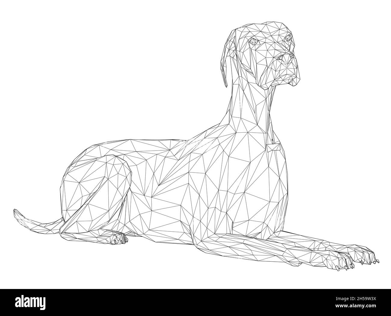 Struttura a reticolo di un cane sdraiato da linee nere isolate su sfondo bianco. 3D. Illustrazione vettoriale Illustrazione Vettoriale