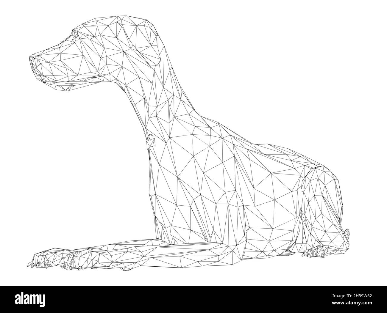 Struttura a reticolo di un cane sdraiato da linee nere isolate su sfondo bianco. 3D. Illustrazione vettoriale Illustrazione Vettoriale