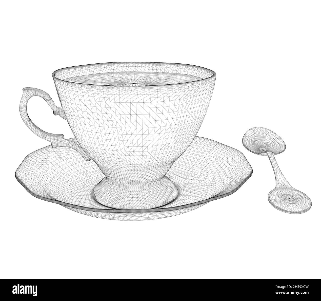 Struttura a reticolo di una tazza da tè con un cucchiaio da linee nere isolato su sfondo bianco. 3D. Illustrazione vettoriale Illustrazione Vettoriale