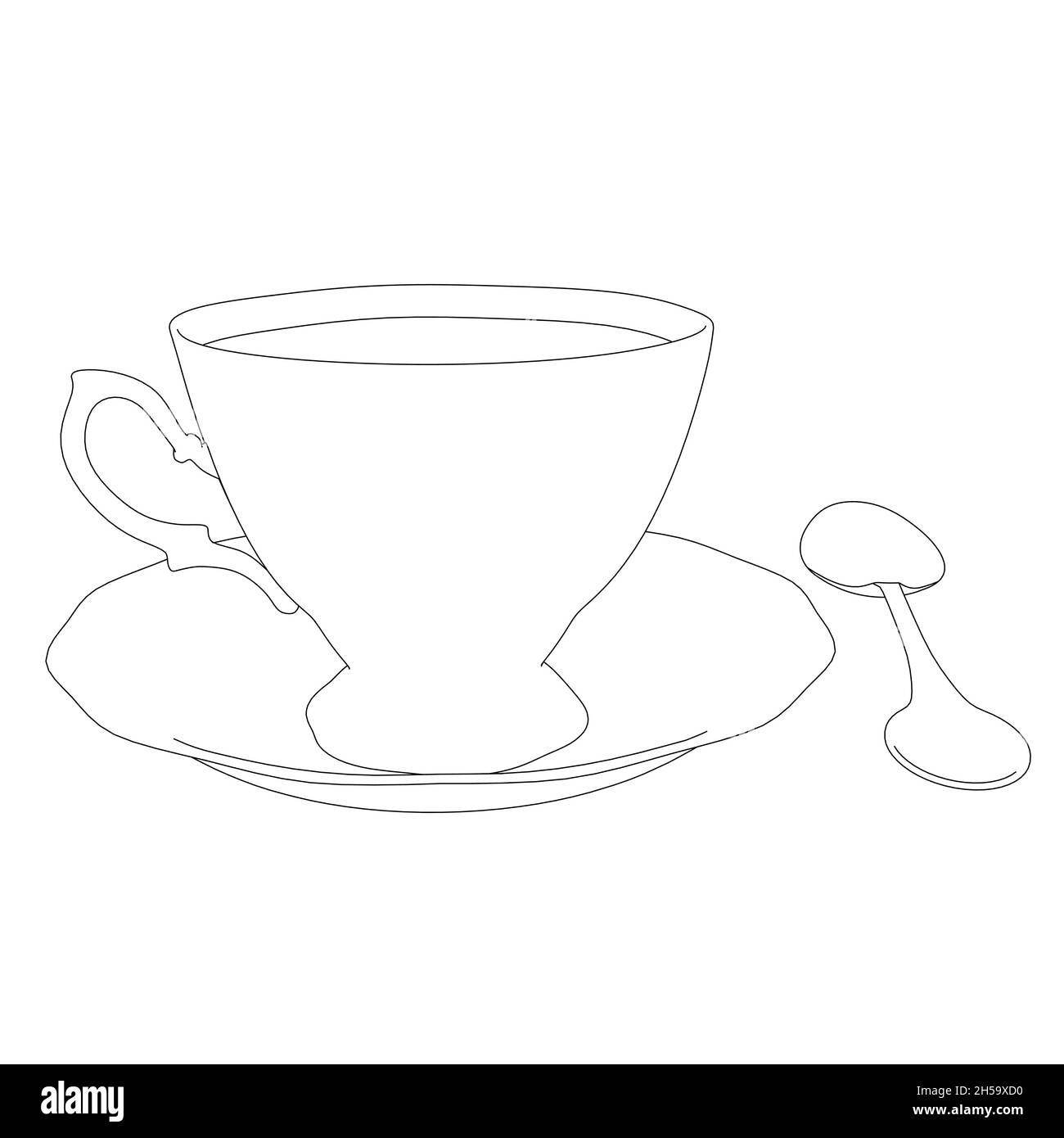 Contorno di una tazza da tè con un cucchiaio da linee nere isolato su sfondo bianco. Illustrazione vettoriale Illustrazione Vettoriale